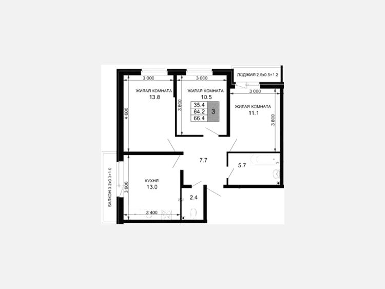 3-комнатная квартира, 64.20 м², 2/16 этаж фото 0