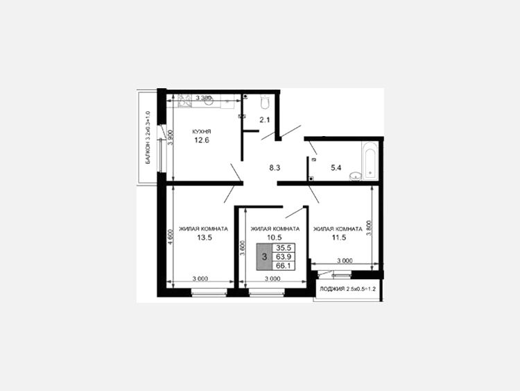 3-комнатная квартира, 63.90 м², 2/16 этаж фото 0