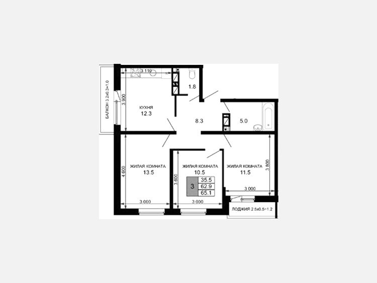 3-комнатная квартира, 62.90 м², 14/16 этаж фото 0