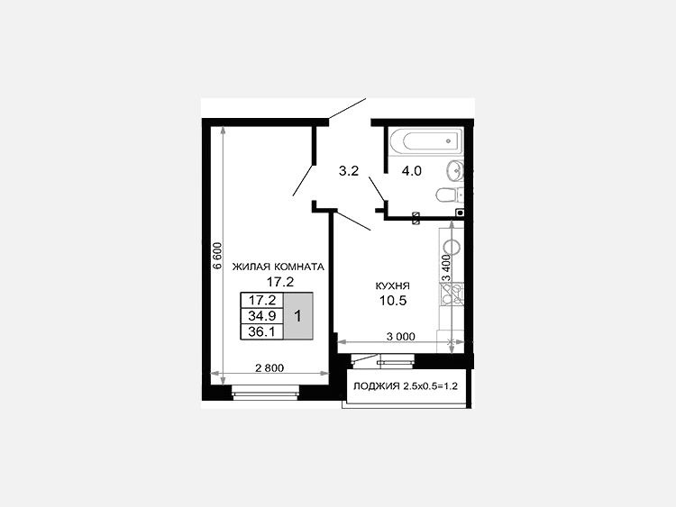 1-комнатная квартира, 34.90 м², 2/16 этаж фото 0