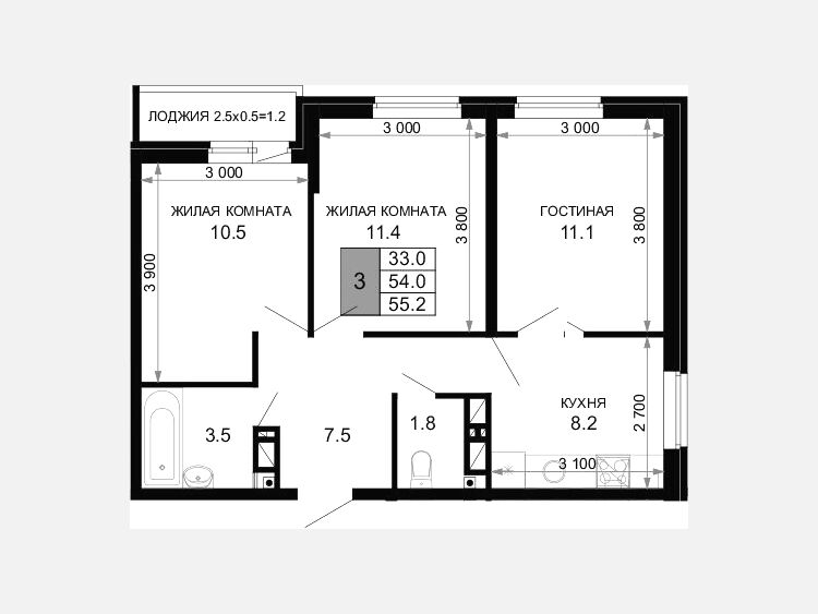 3-комнатная квартира, 54 м², 13/16 этаж фото 0