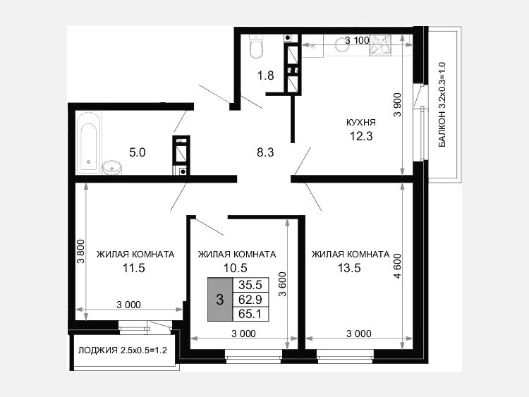 3-комнатная квартира, 62.90 м², 15/16 этаж фото 0