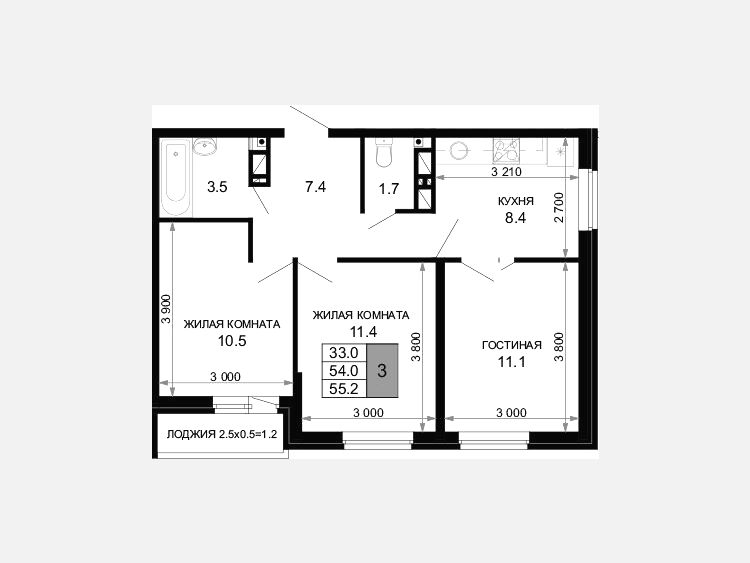 3-комнатная квартира, 54 м², 11/16 этаж фото 0