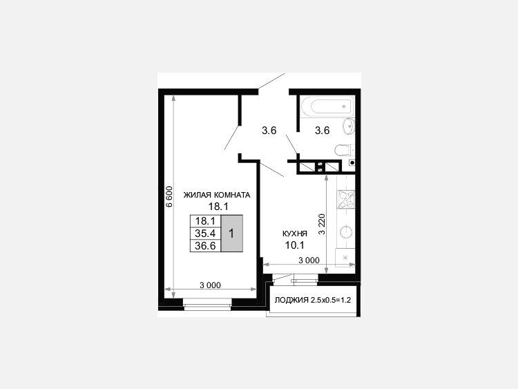 1-комнатная квартира, 35.40 м², 16/16 этаж фото 0