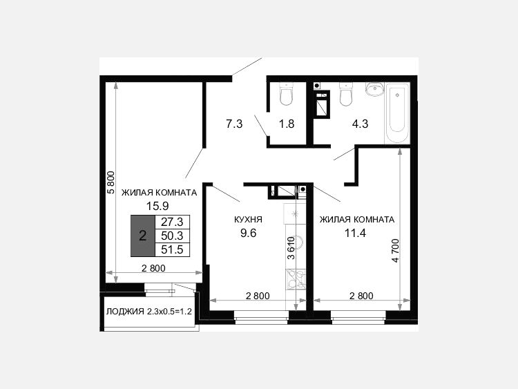 2-комнатная квартира, 50.30 м², 16/16 этаж фото 0