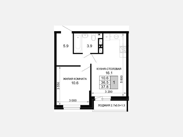 1-комнатная квартира, 36.50 м², 14/16 этаж фото 0