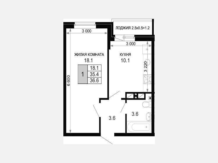 1-комнатная квартира, 35.40 м², 11/16 этаж фото 0