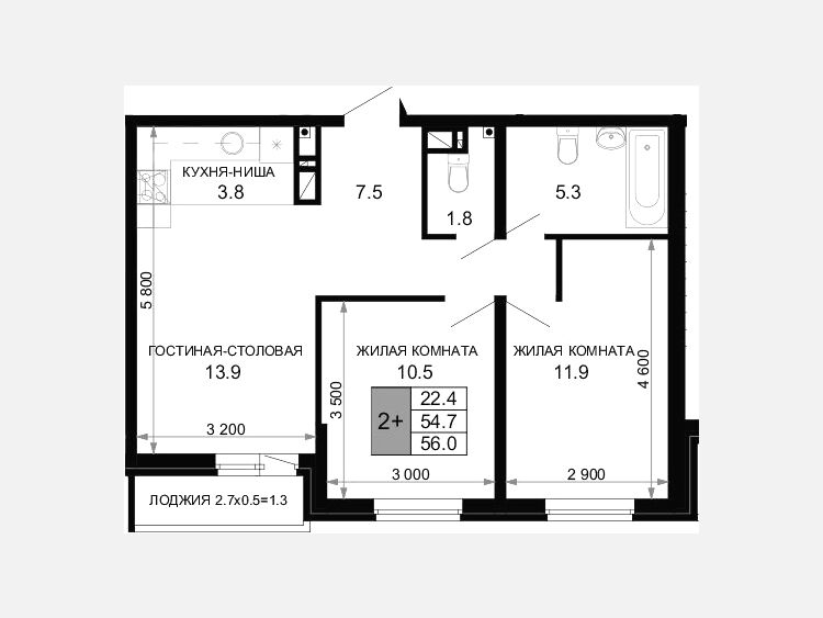 3-комнатная квартира, 54.70 м², 9/16 этаж фото 0